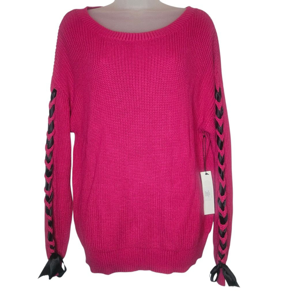 One Grey Day Hot Pink Knit Sweater with Black Ribbon Lace-Up Sleeves Cozy 22 PTP